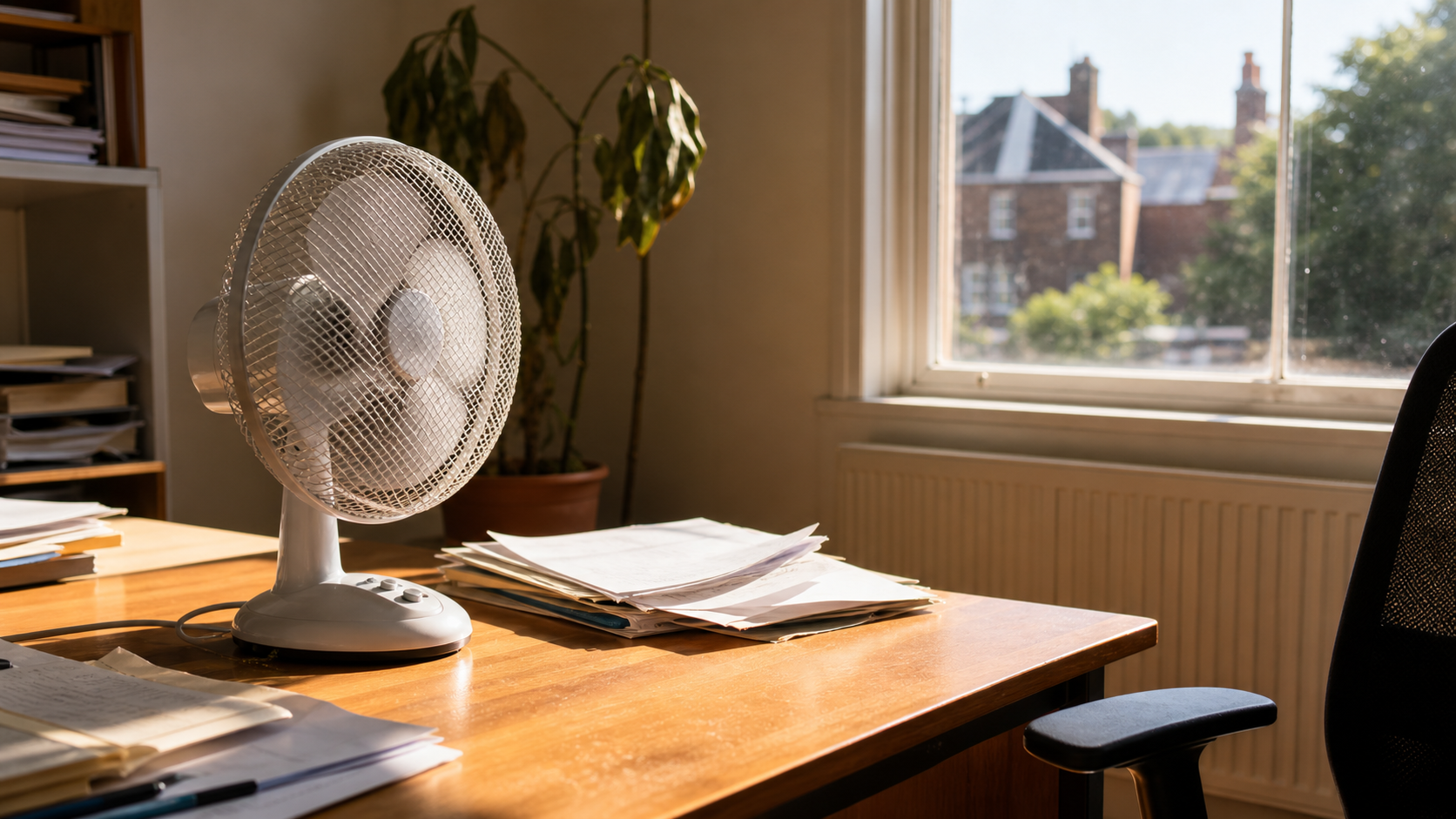 A desk fan in a sunlit office during hot weather