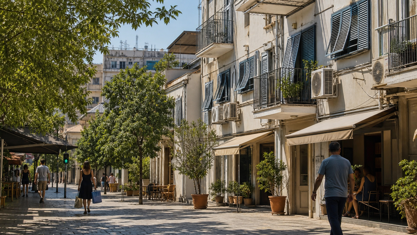 A shaded street with external shutters and air-conditioning units