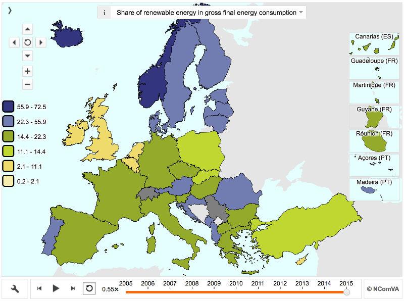 Eurostat interactive map of renewable energy over time
